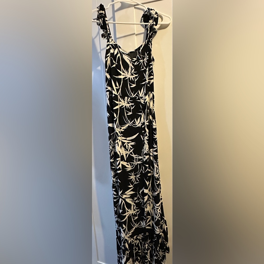Tropical Spring Black and White leaf Bamboo-Print Maxi smocked dress-boho summer
